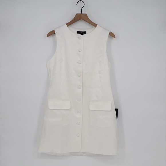 Lulus Sophisticated Icon Mini Dress Womens L Black Sleeveless Pockets Button-Up - Picture 2 of 10